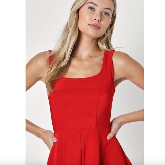 LULUS Home Before Daylight Red Square Neck Sleeveless Skater Dress Size Small - Picture 3 of 10